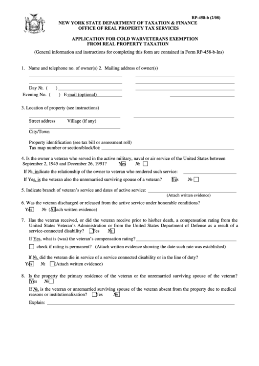 Fillable Form Rp-458-B - Application For Cold War Veterans Exemption From Real Property Taxation Printable pdf