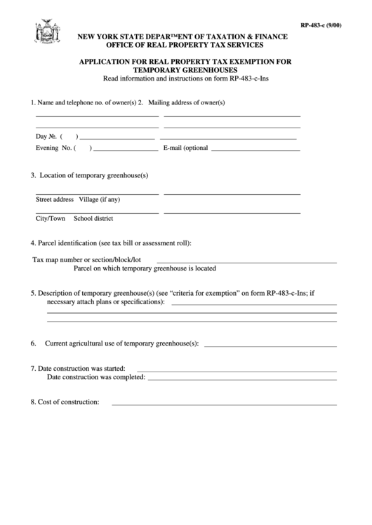 Fillable Form Rp-483-C - Application For Real Property Tax Exemption For Temporary Greenhouses Printable pdf