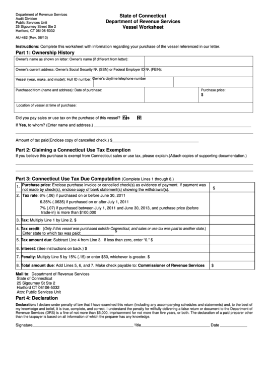 Fillable Form Au-462 - Vessel Worksheet Printable pdf