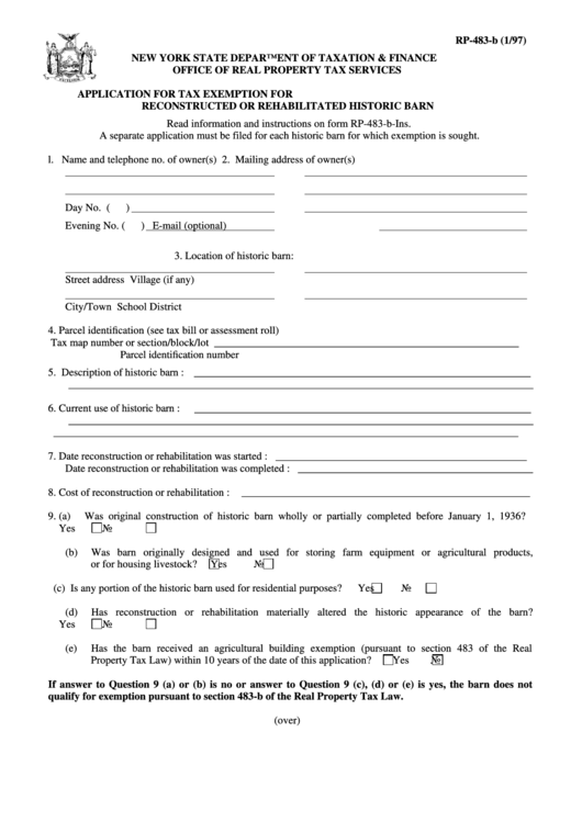 Fillable Form Rp-483-B - Application For Tax Exemption For Reconstructed Or Rehabilitated Historic Barn Printable pdf