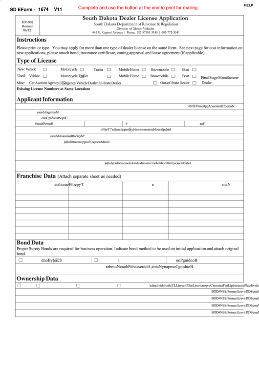 Fillable Sd Eform 1674 V11 - South Dakota Dealer License Application Printable pdf