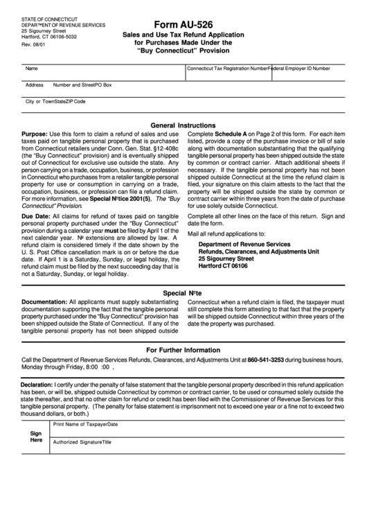 Fillable Form Au-526 - Sales And Use Tax Refund Application For Purchases Made Under The "Buy Connecticut" Provision Printable pdf