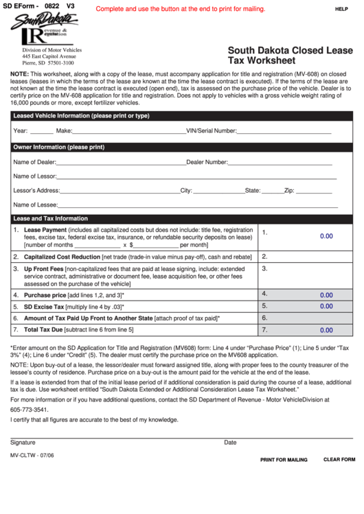 Fillable Sd Eform 0822 V3 - South Dakota Closed Lease Tax Worksheet Printable pdf