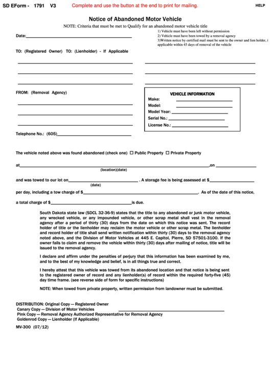 Fillable Sd Eform 1791 V3 - Notice Of Abandoned Motor Vehicle Printable pdf