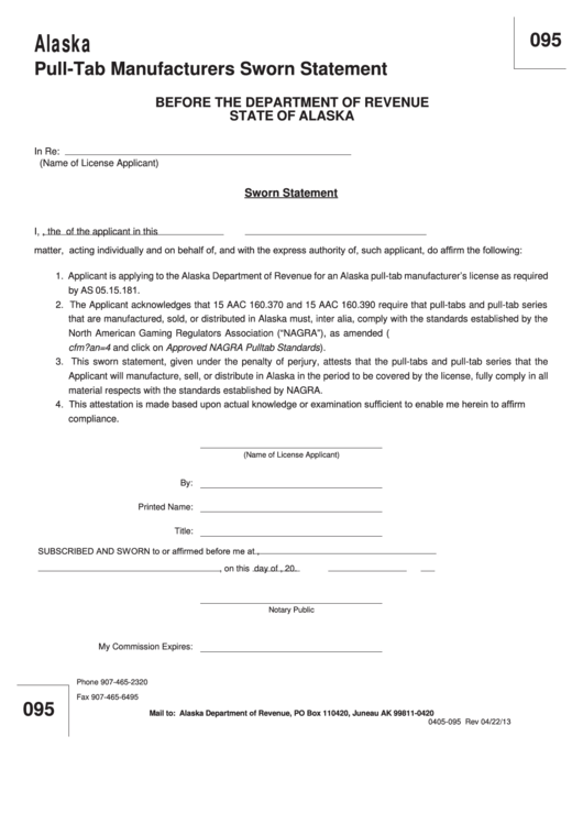 Fillable Form 0405-095 - Pull-Tab Manufacturers Sworn Statement Printable pdf