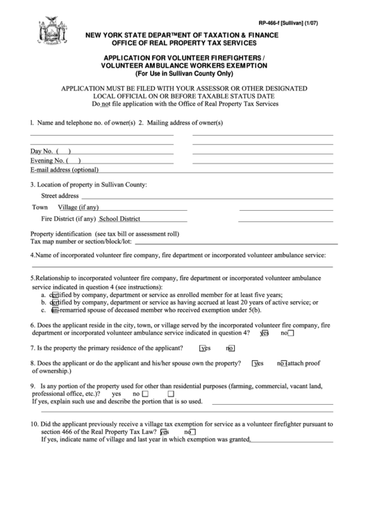 Fillable Form Rp-466-F [sullivan] - Application For Volunteer Firefighters / Volunteer Ambulance Workers Exemption Printable pdf