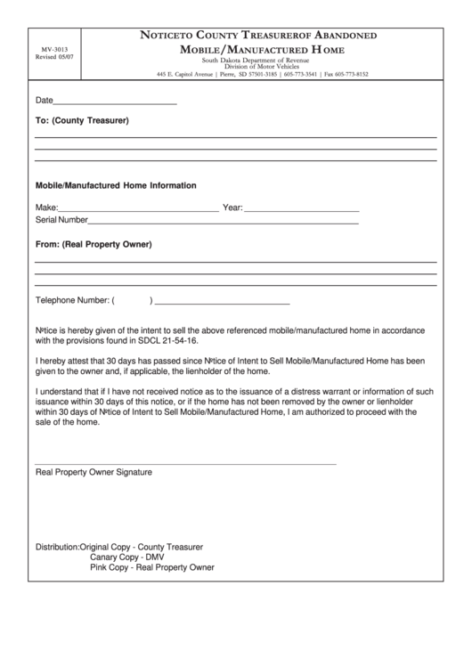 Form Mv-3013 - Notice To County Treasurer Of Abandoned Mobile/manufactured Home Printable pdf