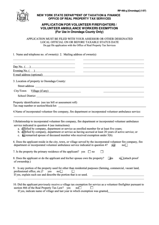 Fillable Form Rp-466-G [onondaga] - Application For Volunteer Firefighters / Volunteer Ambulance Workers Exemption Printable pdf