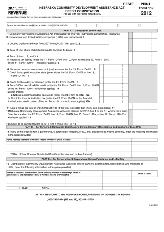 Fillable Form Cdn - Nebraska Community Development Assistance Act Credit Computation - 2012 Printable pdf
