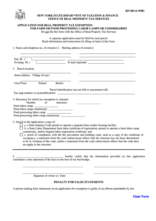 Fillable Form Rp-483-D - Application For Real Property Tax Exemption For Farm Or Food Processing Labor Camps Or Commissaries Printable pdf