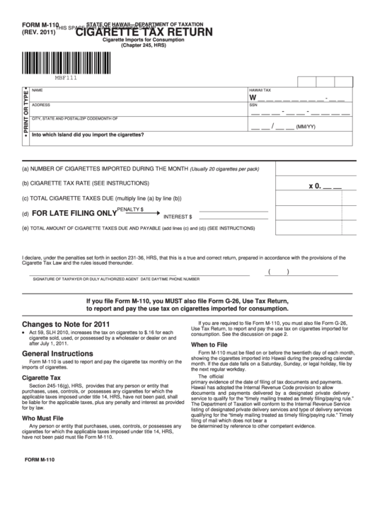 Fillable Form M-110 - Cigarette Tax Return Printable pdf