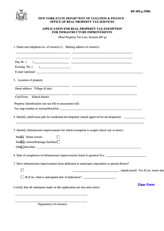 Fillable Form Rp-485-G - Application For Real Property Tax Exemption For Infrastructure Improvements Printable pdf