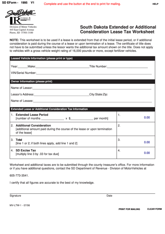 Fillable Sd Eform 1995 V1 - South Dakota Extended Or Additional Consideration Lease Tax Worksheet Printable pdf