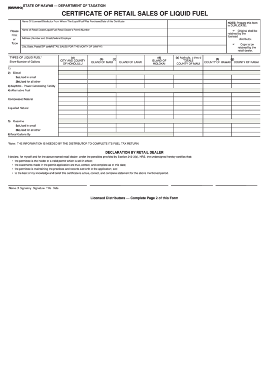 Form M-2 - Certificate Of Retail Sales Of Liquid Fuel