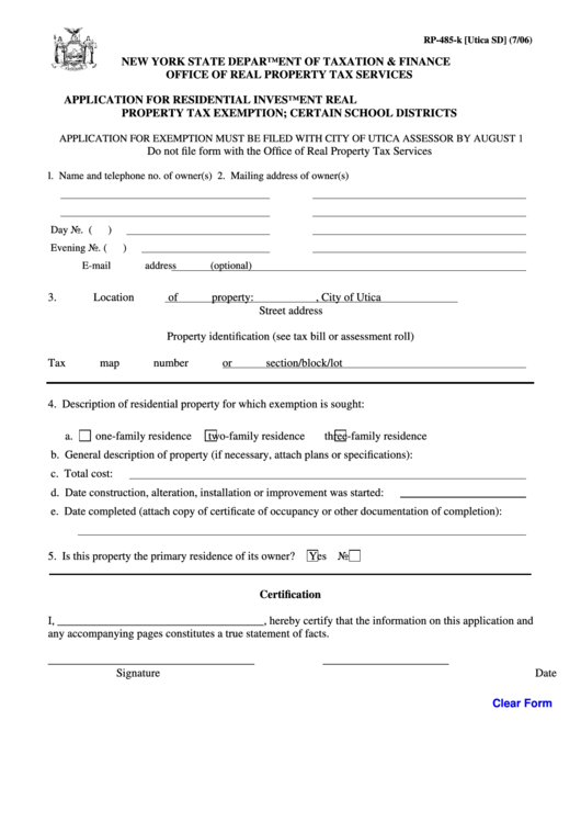 Fillable Form Rp-485-K [utica Sd] - Application For Residential Investment Real Property Tax Exemption; Certain School Districts Printable pdf