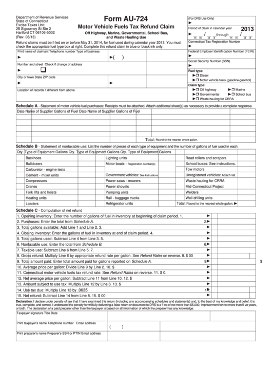 Fillable Form Au-724 - Motor Vehicle Fuels Tax Refund Claim - Off Highway, Marine, Governmental, School Bus, And Waste Hauling Use Printable pdf