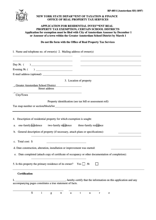 Fillable Form Rp-485-L [amsterdam Sd] - Application For Residential Investment Real Property Tax Exemption; Certain School Districts Printable pdf