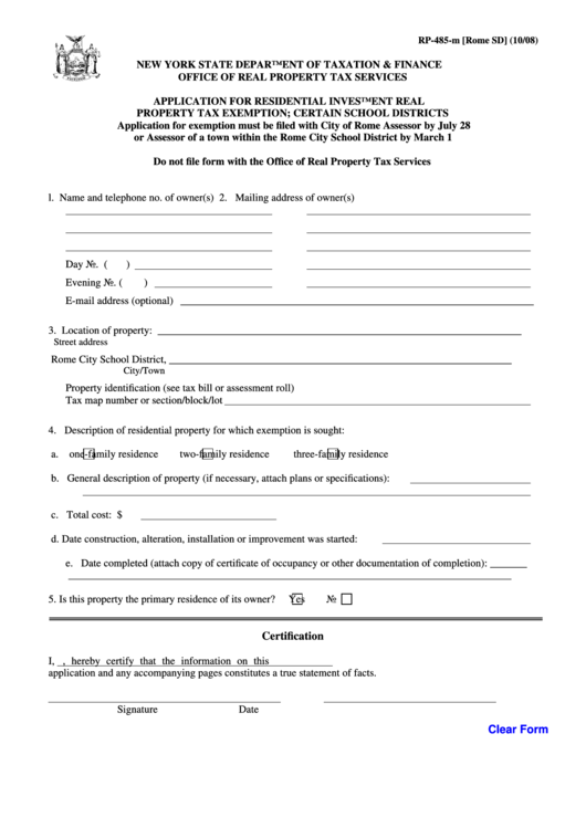 Fillable Form Rp-485-M [rome Sd] - Application For Residential Investment Real Property Tax Exemption; Certain School Districts Printable pdf