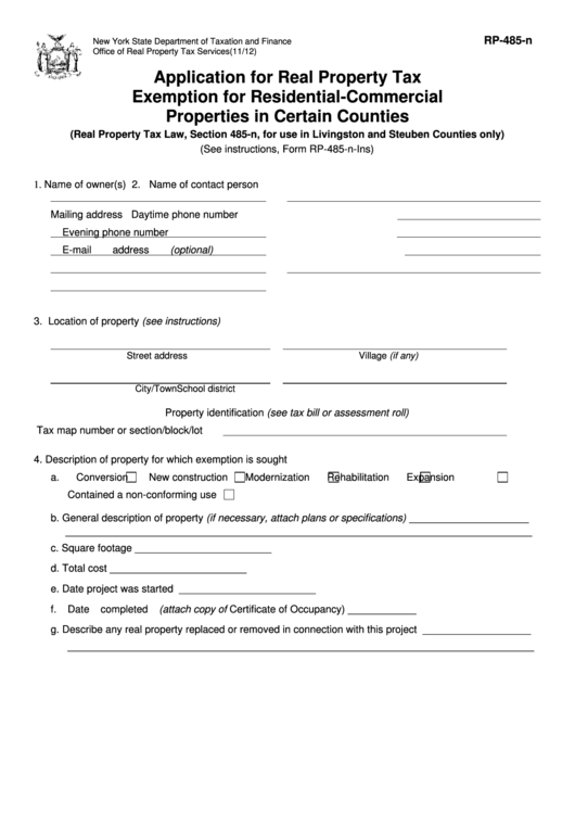 Fillable Form Rp-485-N - Application For Real Property Tax Exemption For Residential-Commercial Properties In Certain Counties Printable pdf