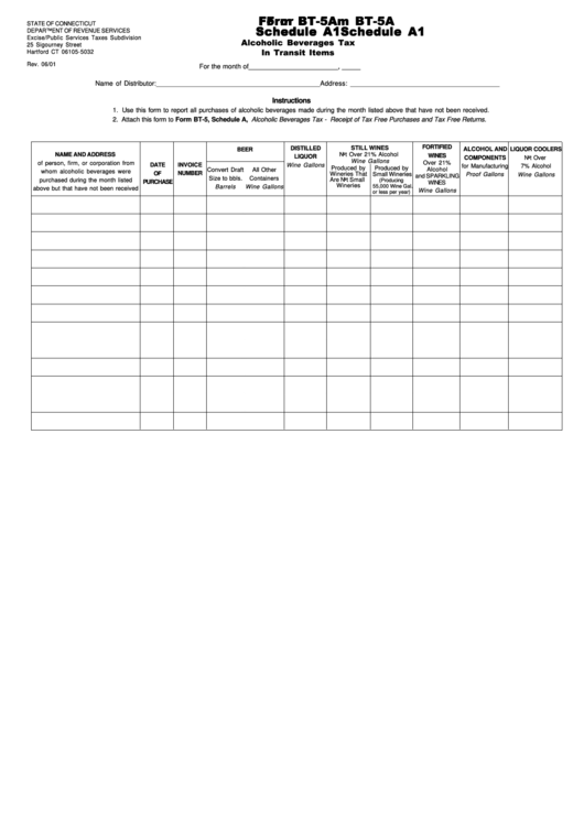 Form Bt-5a - Schedule A1 - Alcoholic Beverages Tax - In Transit Items Printable pdf