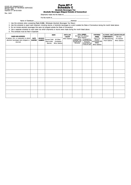 Fillable Form Bt-7 - Schedule C - Alcoholic Beverages Tax - Alcoholic Beverages Shipped Outside Of Ct Printable pdf