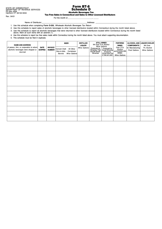 Fillable Form Bt-8 - Schedule D - Alcoholic Beverages Tax, Tax Free Sales In Ct And Sales To Other Licensed Distributors Printable pdf