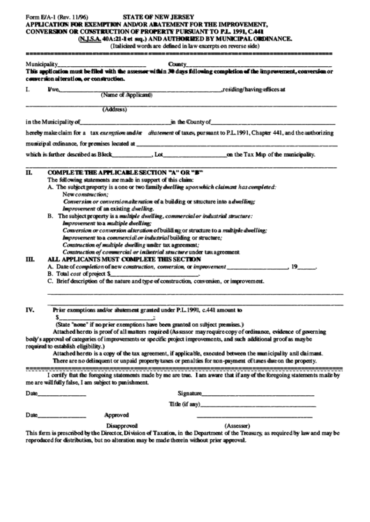 Fillable Form E/a-1 - Application For Exemption And/or Abatement For The Improvement, Conversion Or Construction Of Property Printable pdf