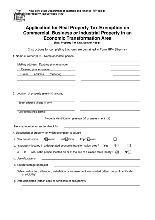Fillable Form Rp-485-P - Application For Real Property Tax Exemption On Commercial, Business Or Industrial Property In An Economic Transformation Area Printable pdf