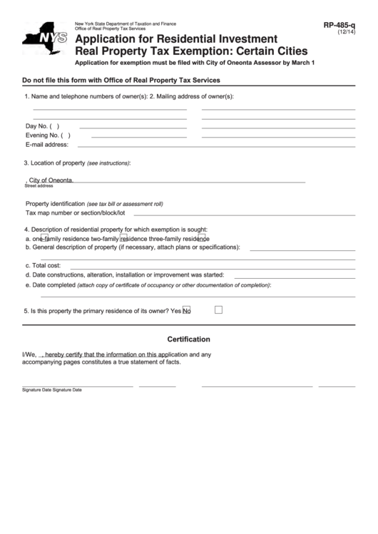 Fillable Form Rp-485-Q - Application For Residential Investment Real Property Tax Exemption: Certain Cities Printable pdf