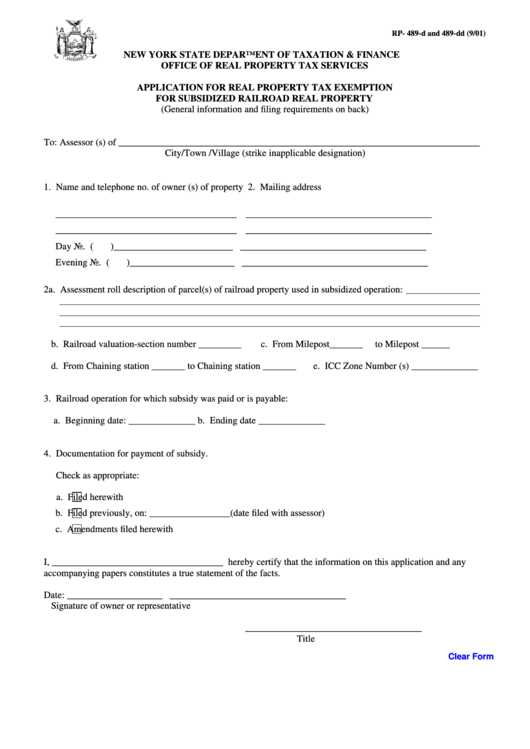 Fillable Form Rp- 489-D And 489-Dd - Application For Real Property Tax Exemption For Subsidized Railroad Real Property Printable pdf