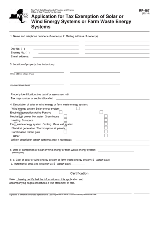 Form Rp-487 - Application For Tax Exemption Of Solar Or Wind Energy Systems Or Farm Waste Energy Systems Printable pdf