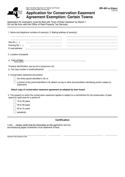 Fillable Form Rp-491-A (Eden) - Application For Conservation Easement Agreement Exemption: Certain Towns Printable pdf