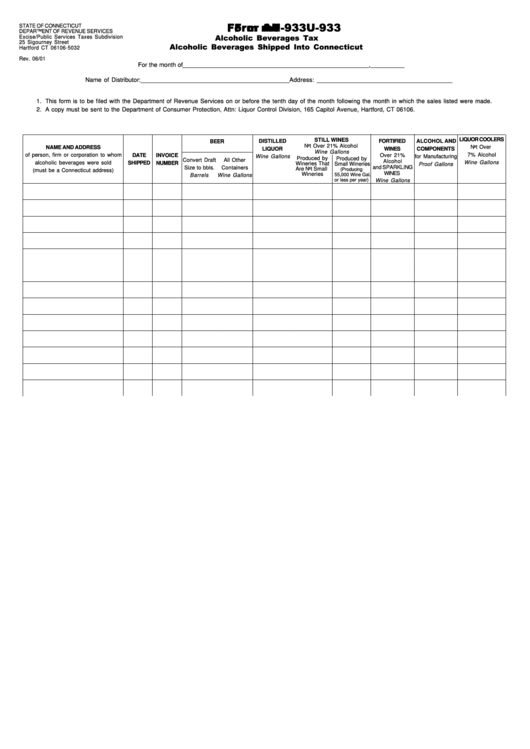 Fillable Form Au-933 - Alcoholic Beverages Tax Alcoholic Beverages Shipped Into Connecticut Printable pdf