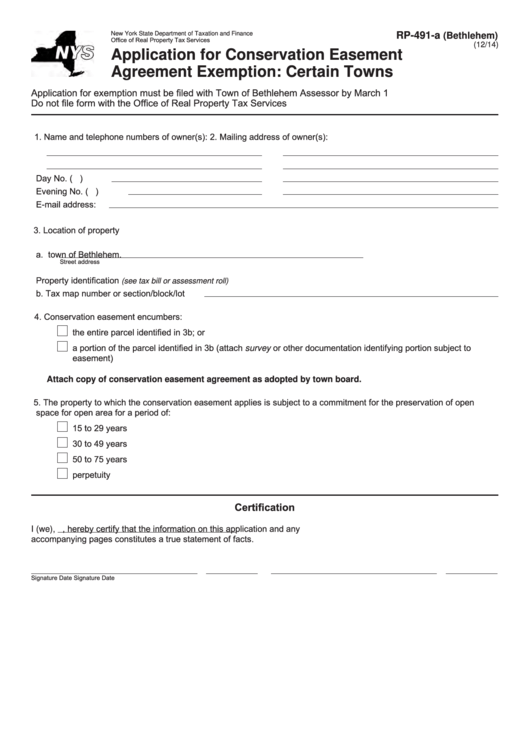 Fillable Form Rp-491-A (Bethlehem) - Application For Conservation Easement Agreement Exemption: Certain Towns Printable pdf