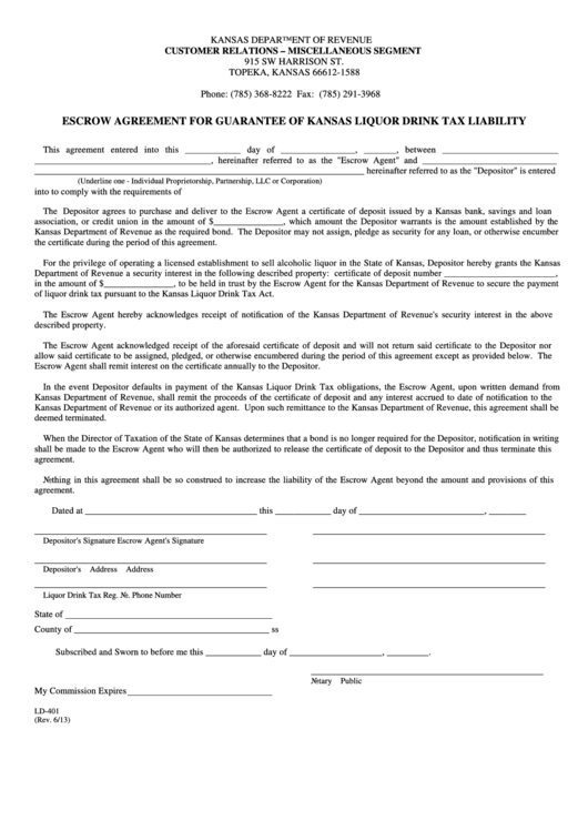 Fillable Form Ld-401 - Escrow Agreement For Guarantee Of Kansas Liquor Drink Tax Liability Printable pdf