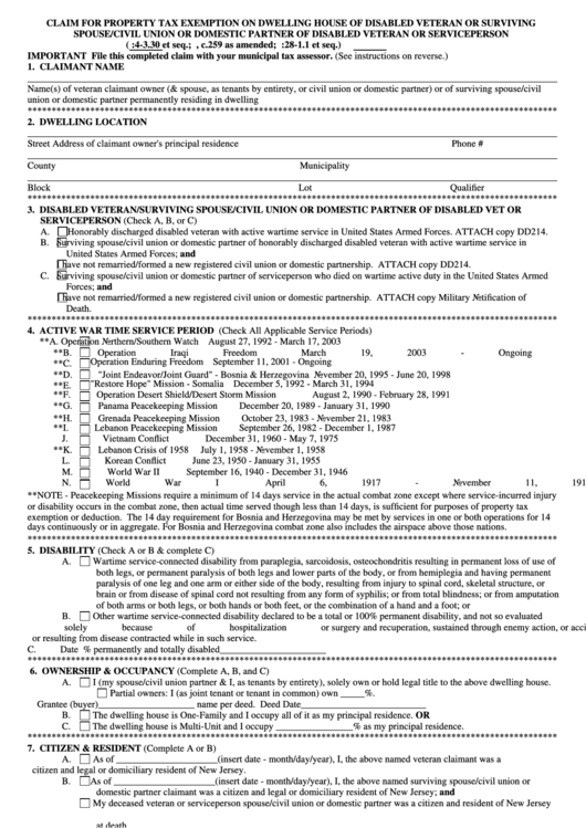 Fillable Form D.v.s.s.e. - Claim For Property Tax Exemption On Dwelling House Of Disabled Veteran Or Surviving Spouse/civil Union Or Domestic Partner Of Disabled Veteran Or Serviceperson Printable pdf
