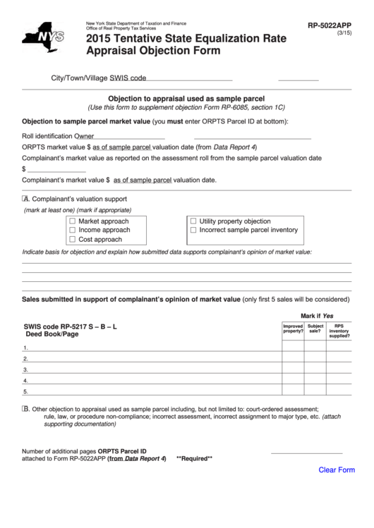 Fillable Form Rp-5022app - Tentative State Equalization Rate Appraisal Objection Form - 2015 Printable pdf