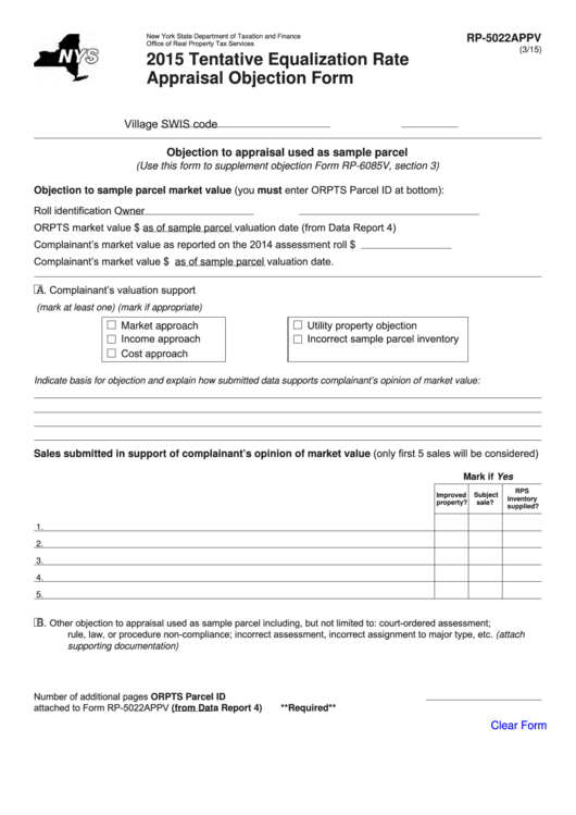 Fillable Form Rp-5022appv - Tentative Equalization Rate Appraisal Objection Form - 2015 Printable pdf