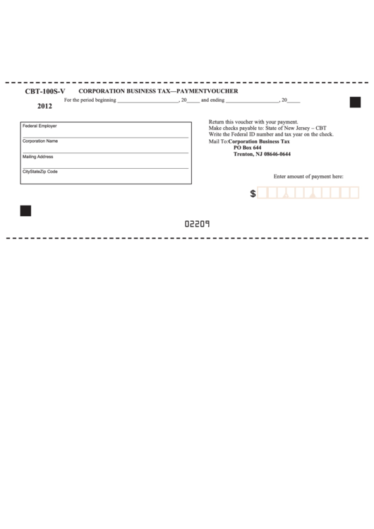 Fillable Form Cbt-100s-V - Corporation Business Tax - Payment Voucher - 2012 Printable pdf