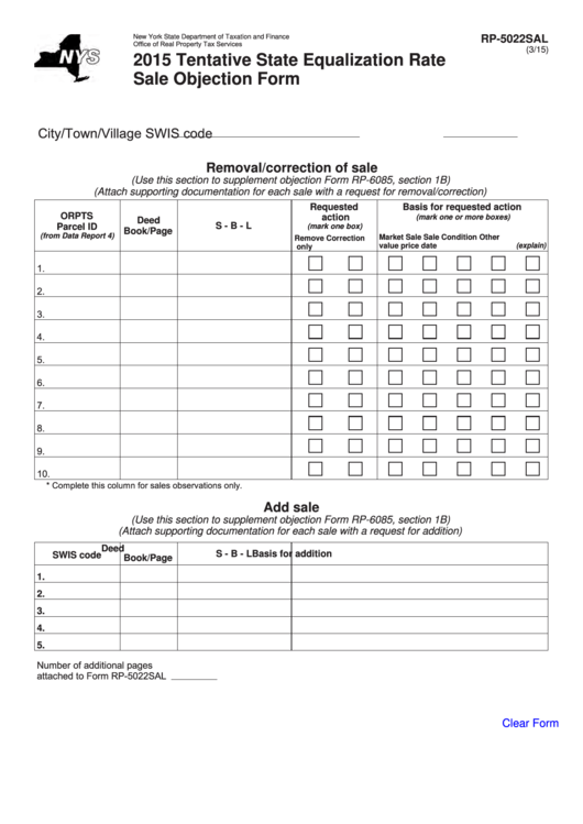 Fillable Form Rp-5022sal - Tentative State Equalization Rate Sale Objection Form - 2015 Printable pdf