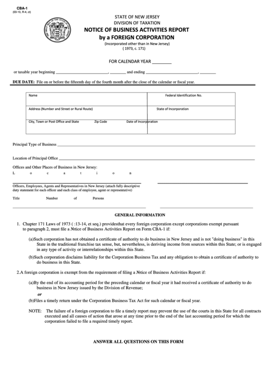 Fillable Form Cba-1 - Notice Of Business Activitied Report By A Foreign Corporation Printable pdf