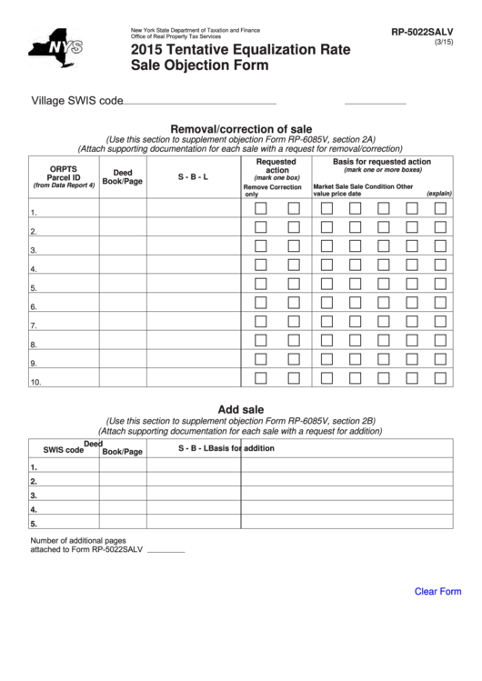 Fillable Form Rp-5022salv - Tentative Equalization Rate Sale Objection Form - 2015 Printable pdf