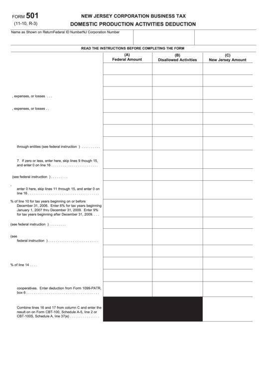 Fillable Form 501 - Domestic Production Activities Deduction Printable pdf