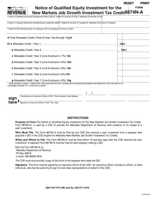 Fillable Form 8874n-A - Notice Of Qualified Equity Investment For The New Markets Job Growth Investment Tax Credit Printable pdf