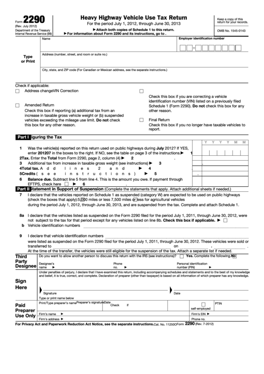 Fillable Form 2290 - Heavy Highway Vehicle Use Tax Return Printable pdf