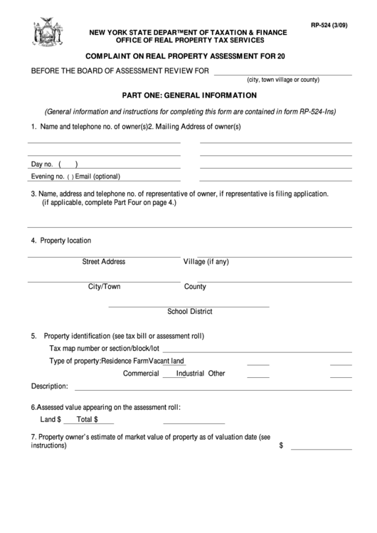 Fillable Form Rp-524 - Complaint On Real Property Assessment For 20 Printable pdf