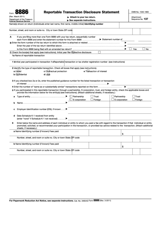 Fillable Form 8886 - Reportable Transaction Disclosure Statement Printable pdf