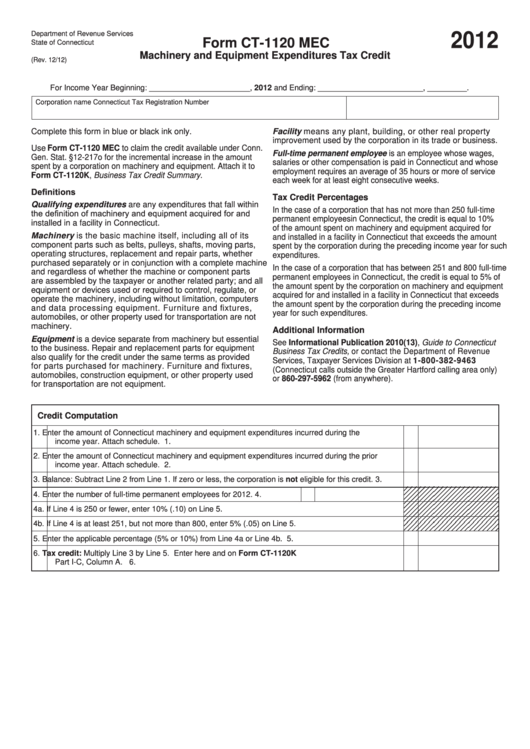 Form Ct-1120 Mec - Machinery And Equipment Expenditures Tax Credit - 2012 Printable pdf