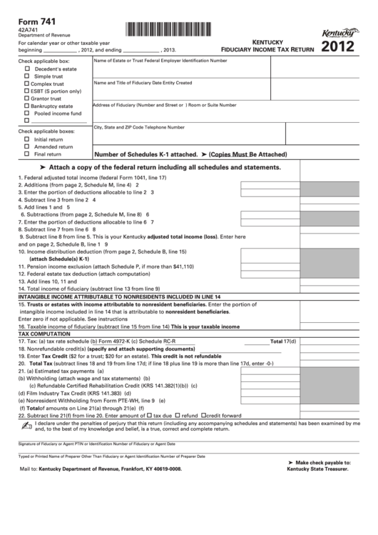 Form 741 (State Form 42a741) - Kentucky Fiduciary Income Tax Return - 2012 Printable pdf