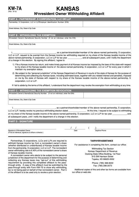 Fillable Form Kw-7a - Kansas Nonresident Owner Withholding Affidavit Printable pdf